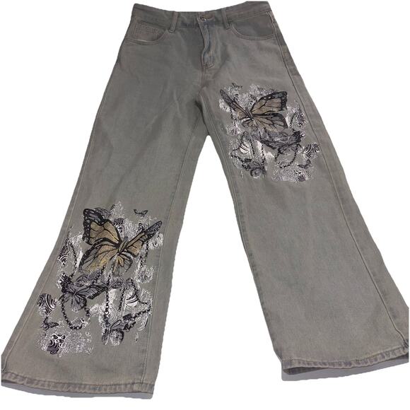 ROMWE Denim - ROMWE Wide-Leg Women's Jeans Gray Denim Butterfly Embroidered 5-Pocket Y2k